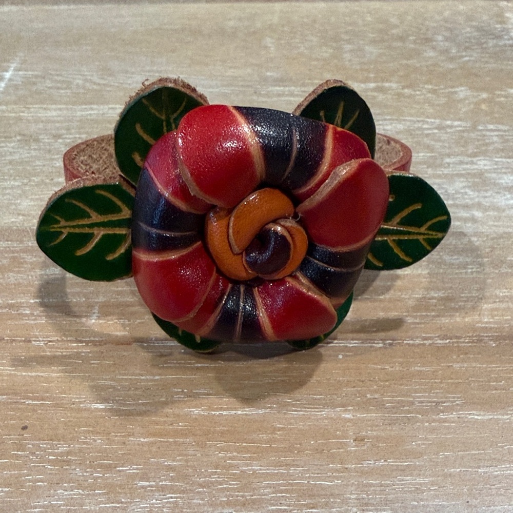 Handcrafted Red and Black leather Floral Bracelet